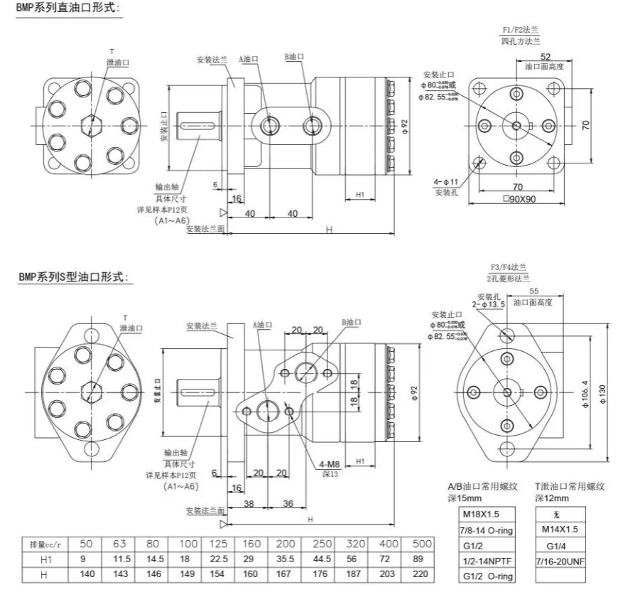 BMP orbital motor straight and S-port installation dimensions - catalogue technical drawing, mm