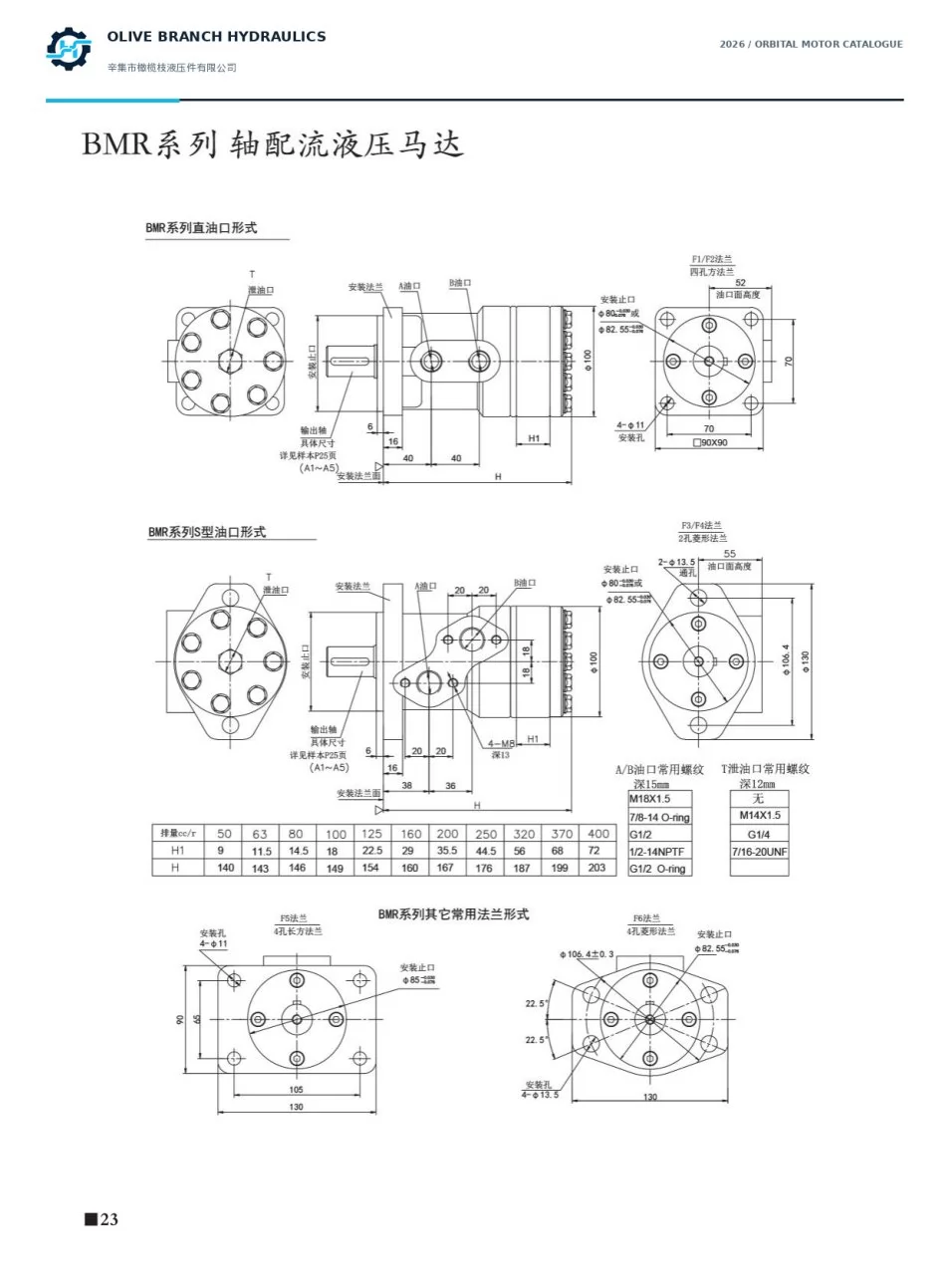 BMR straight and S-port installation dimensions and flange options - catalogue page 23