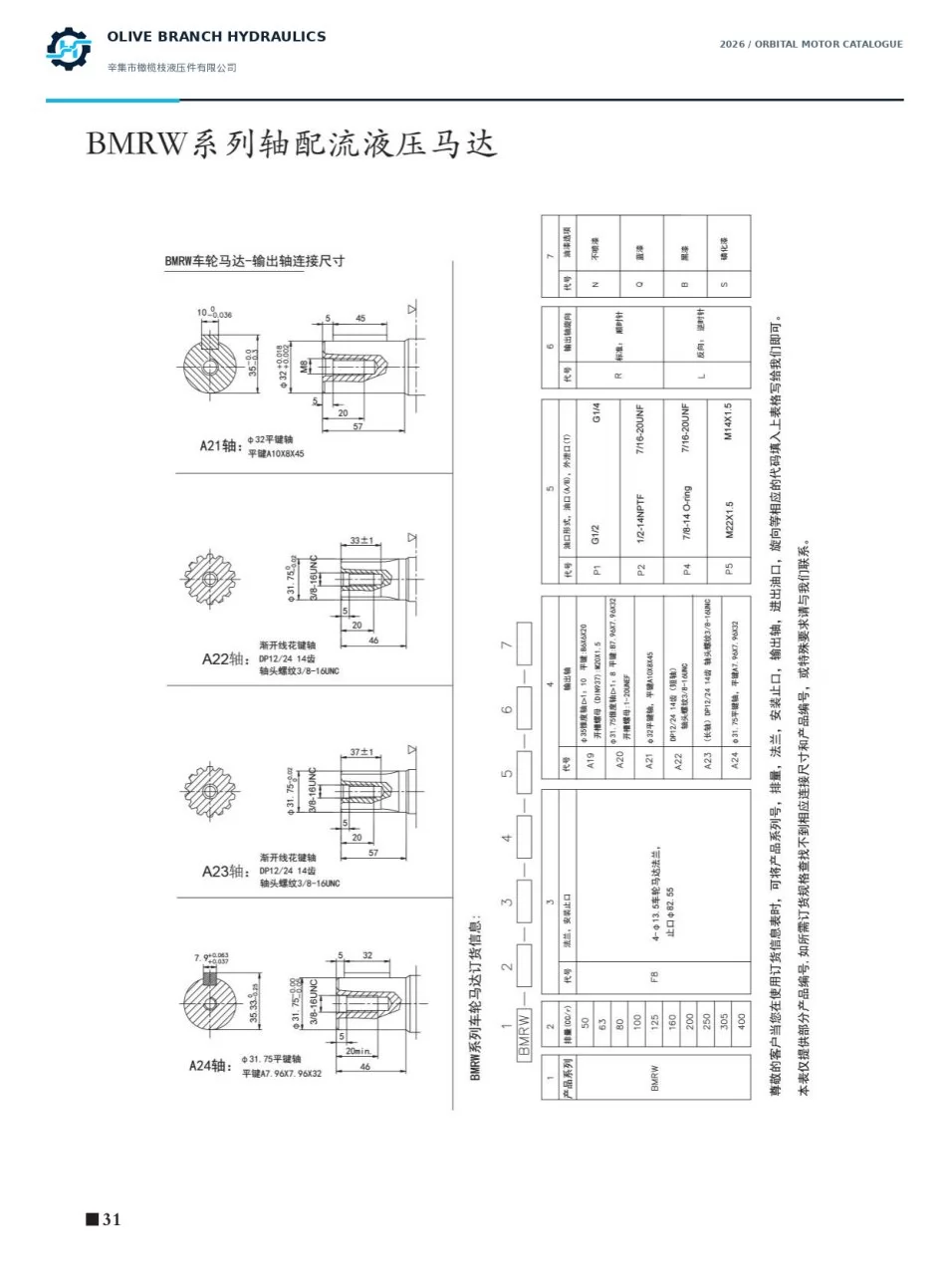 BMRW A21-A24 keyed and splined shafts with ordering options - catalogue page 31