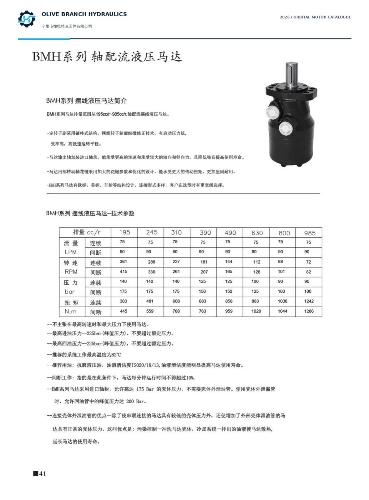 BMH 195-985 cc/rev catalogue continuous and intermittent hydraulic motor ratings