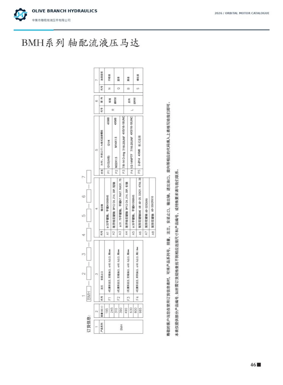 BMH hydraulic motor ordering codes for flange shaft ports rotation and paint