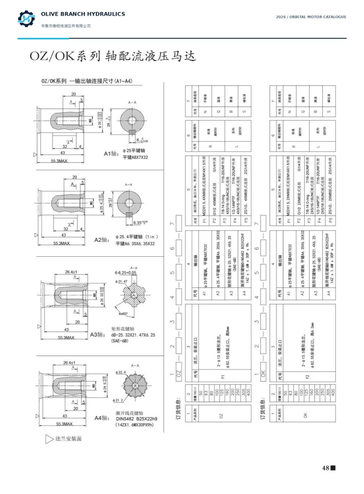 OZ OK A1-A4 keyed spline shaft drawings and ordering code tables