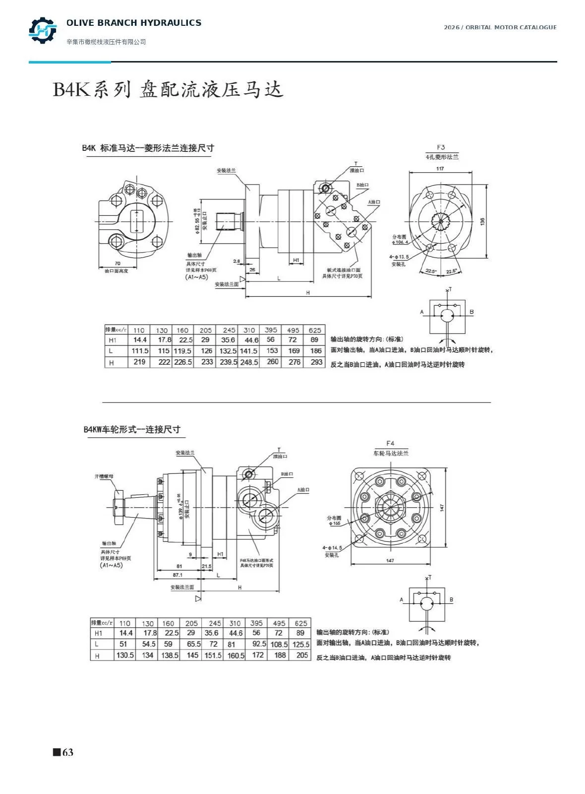 B4K F3 diamond flange and F4 wheel motor installation drawings, P63