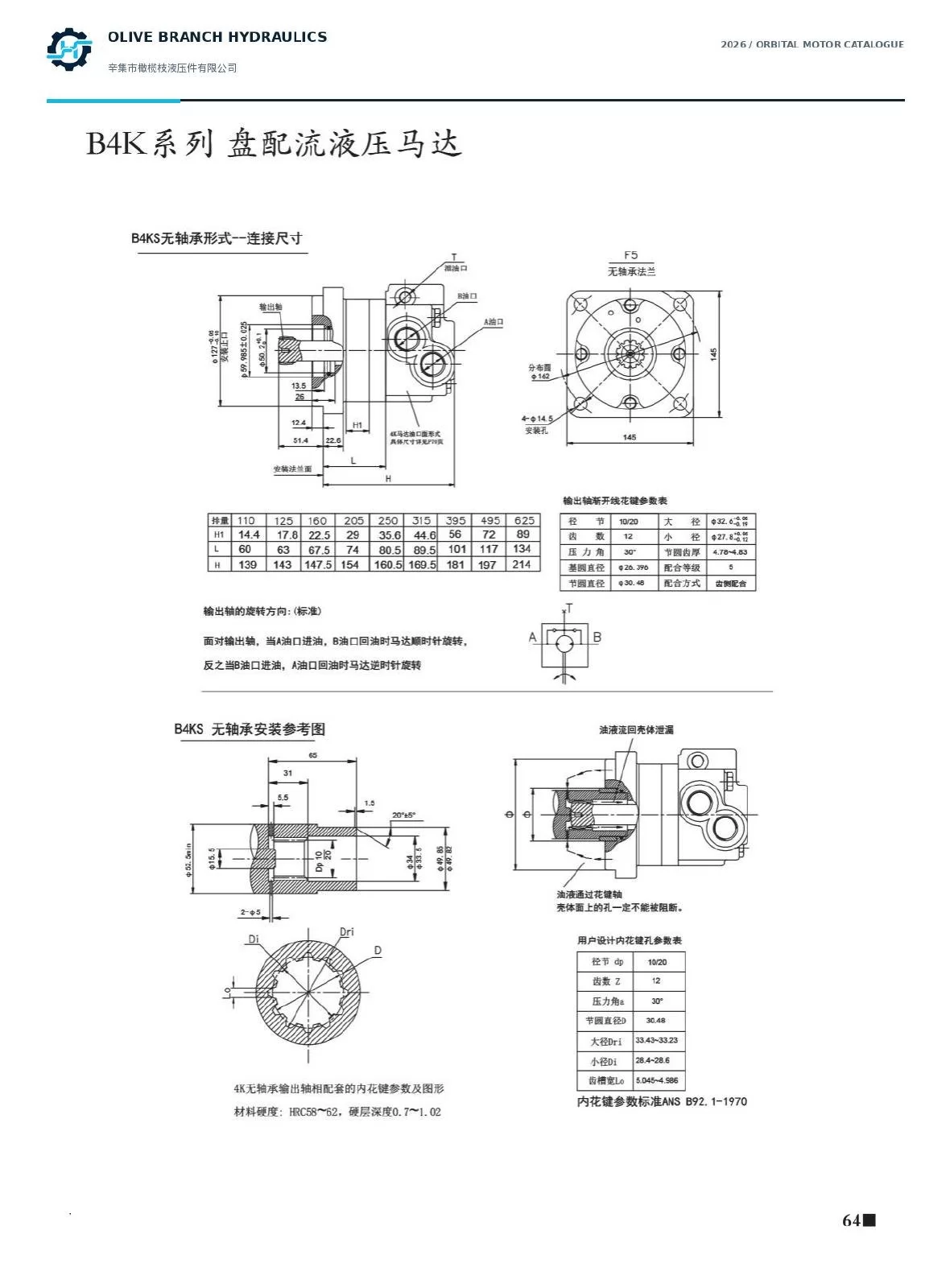 B4K 4KS bearingless mounting, mating spline and lubrication reference, P64