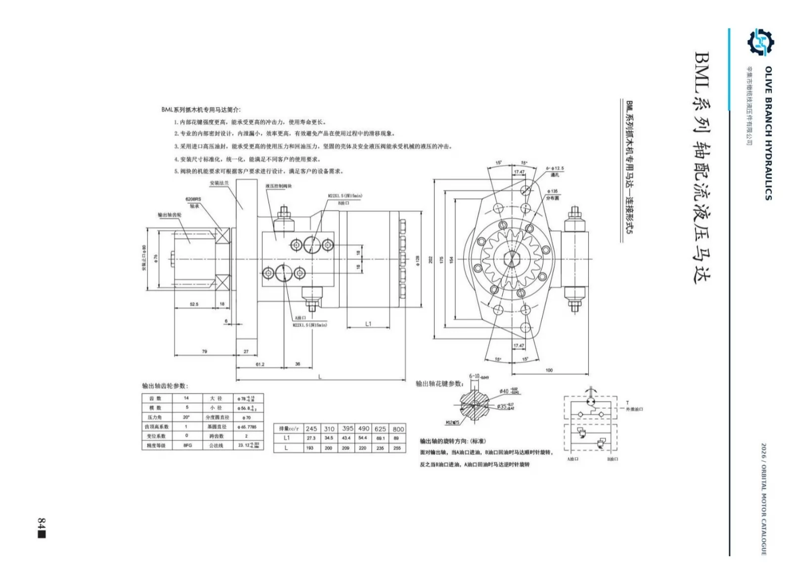 BML forestry grapple motor connection form 5, catalogue P84; six nominal sizes 245 310 395 490 625 800 and dimensional table only, output gear and hydraulic schematic