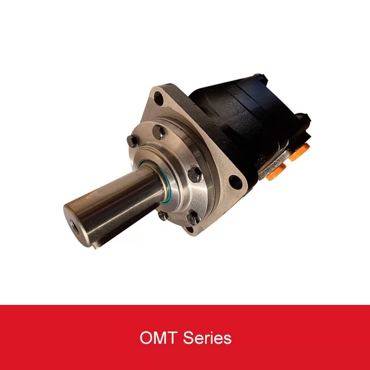 BMT OMT standard orbital motor family, square flange and keyed shaft, independent angled product photograph; configuration illustrative
