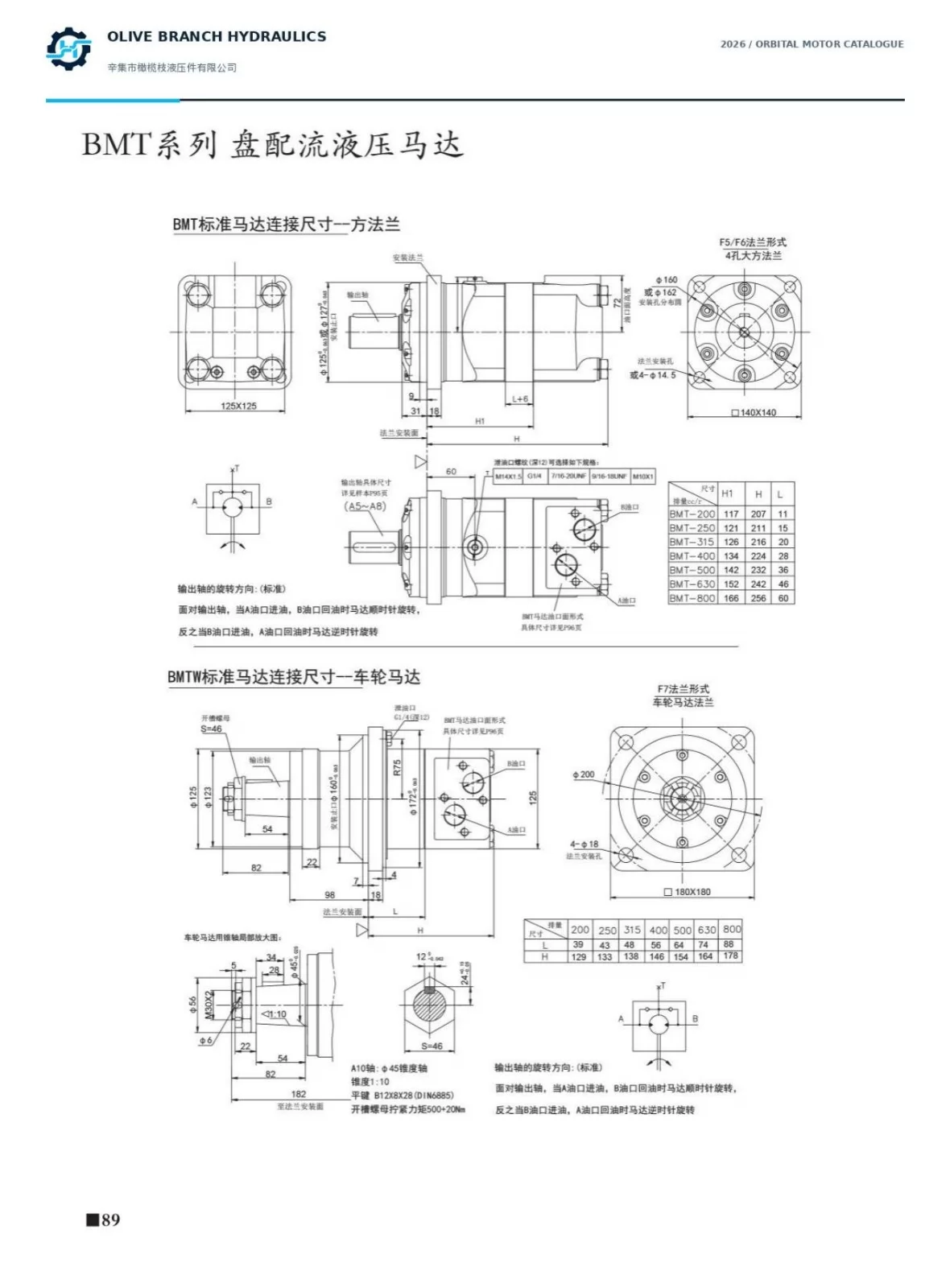 BMT catalogue P89 F5 F6 standard mounting and BMTW F7 wheel motor A10 taper shaft
