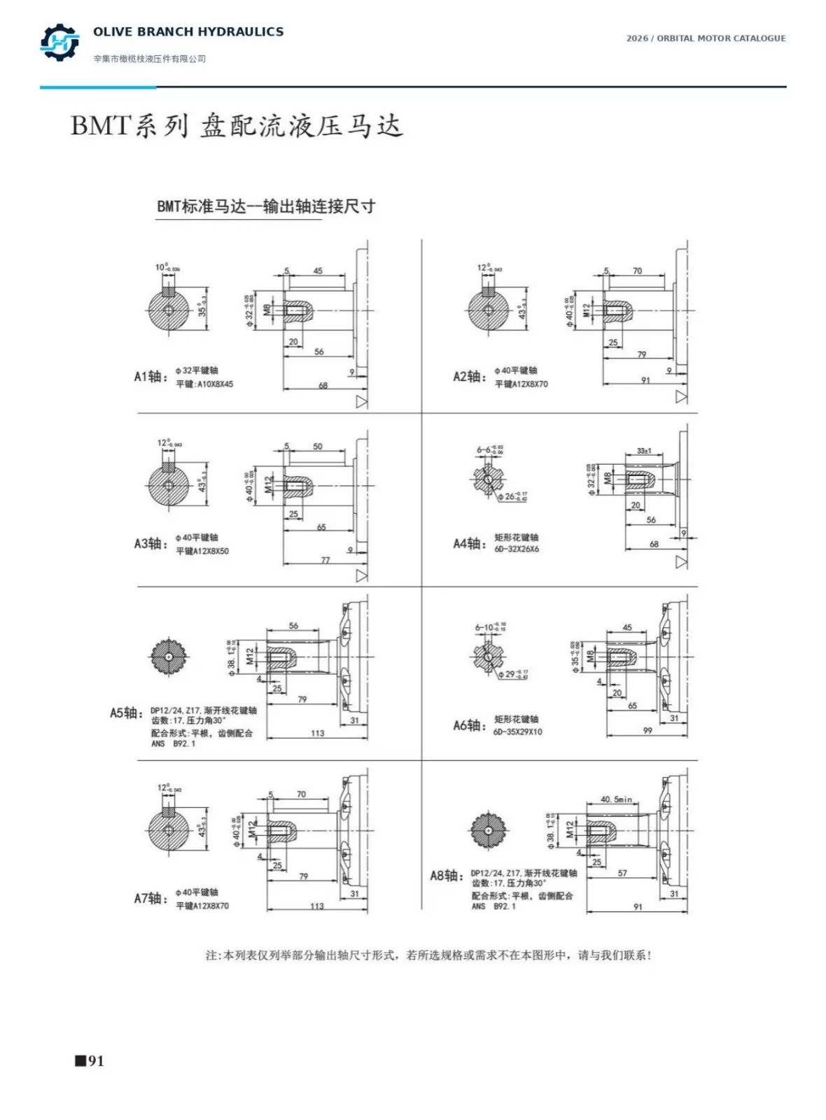 BMT catalogue P91 output shafts A1 to A8, keyed rectangular and involute splines