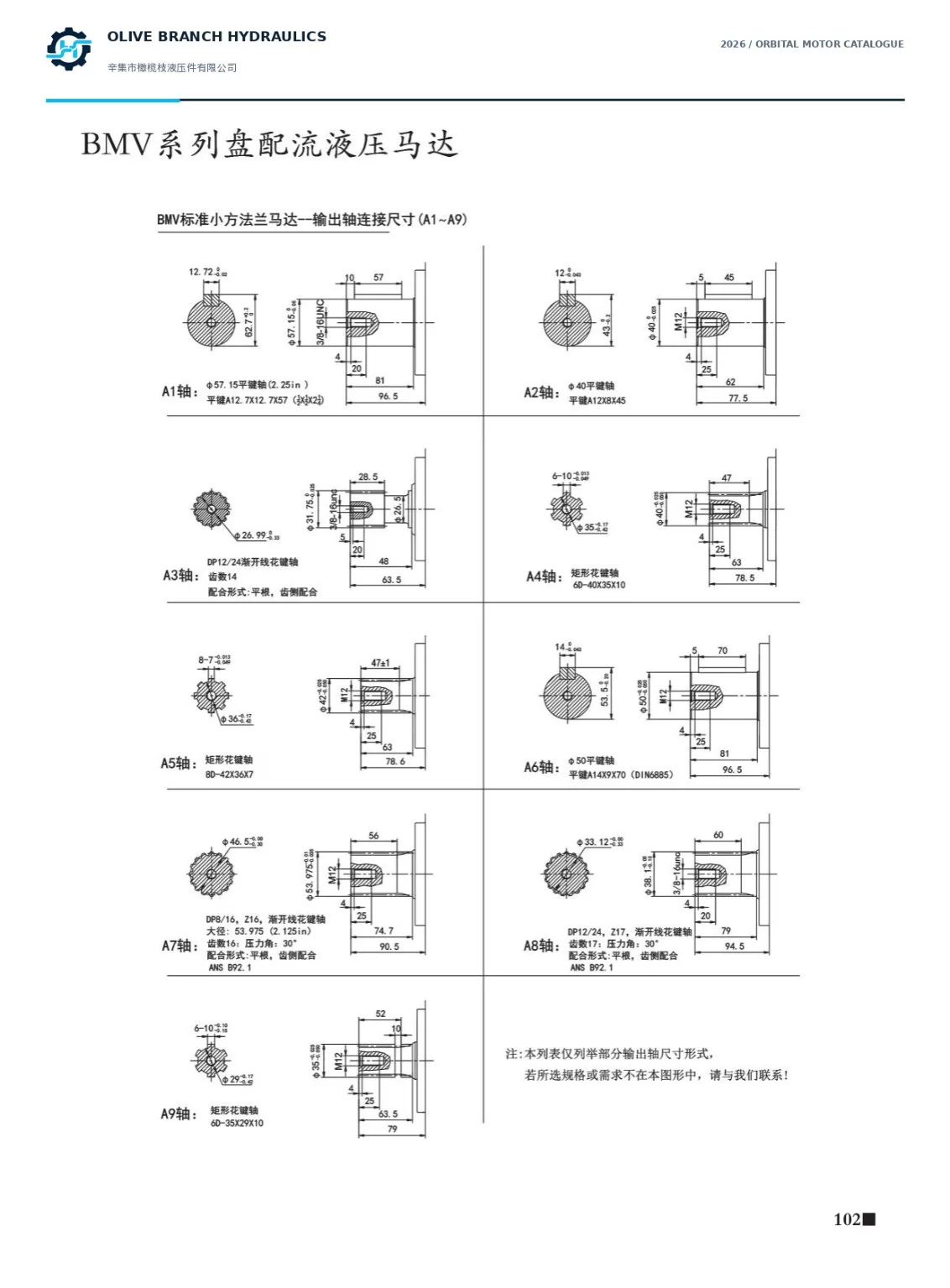BMV catalogue P102 A1 to A9 keyed rectangular and involute spline output shaft drawings
