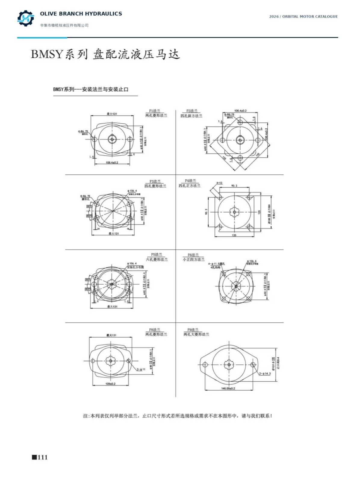 BMSY catalogue P111 nine flange patterns, compare F2 hole centres against order table