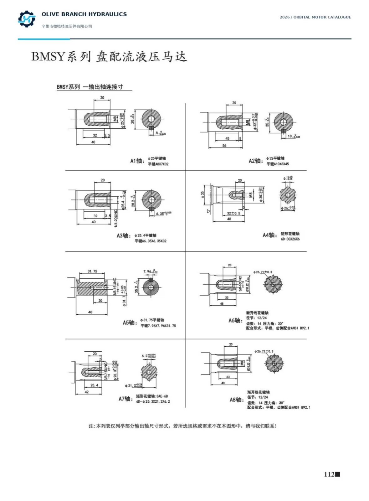 BMSY catalogue P112 output shafts A1 to A8, confirm A1 key length discrepancy with order table