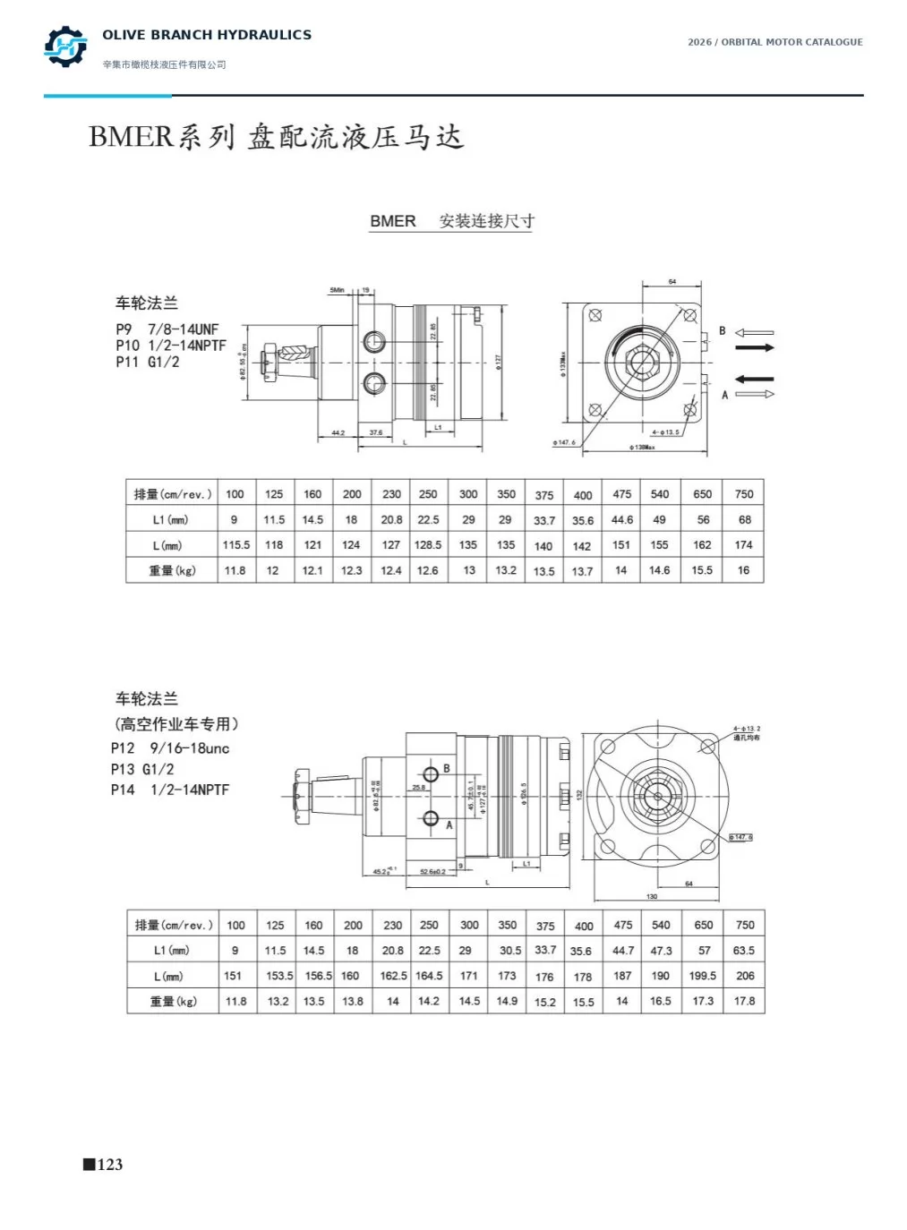 BMER wheel and aerial work platform flange dimensions, page 123