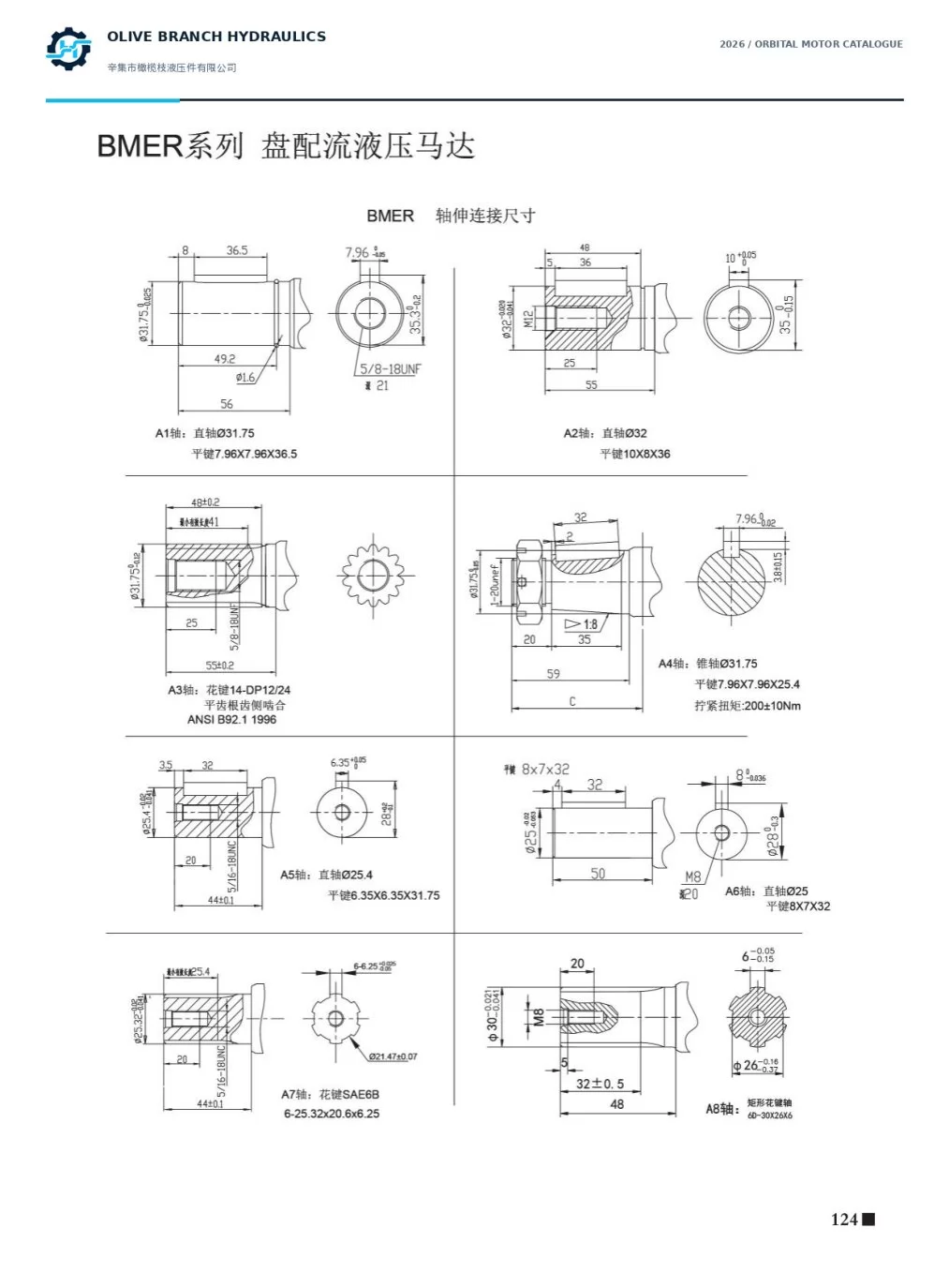 BMER output shaft options A1–A8 dimensions, page 124