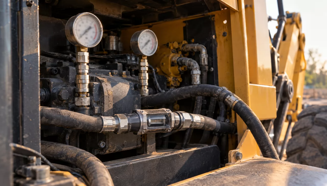 product-1280-731 Pressure gauges and a flow meter connected to backhoe hydraulic lines