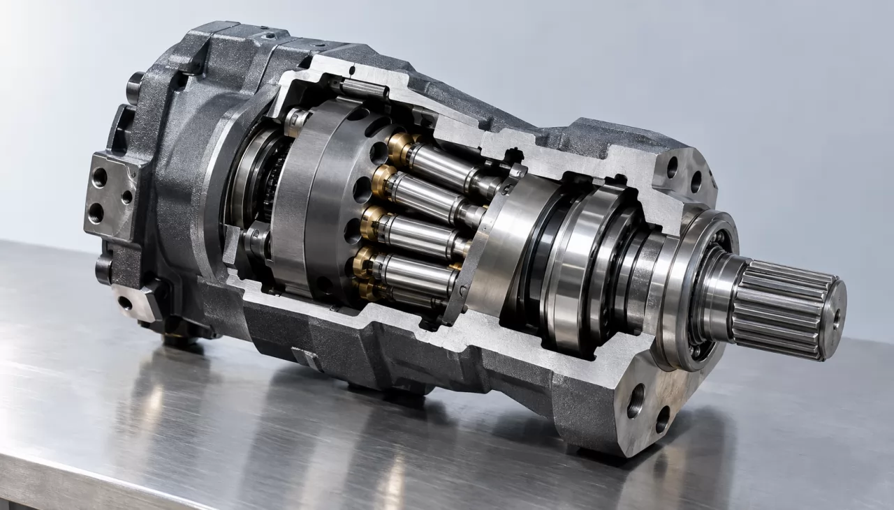 Cutaway bent axis motor showing the cylinder block angled to the drive shaft