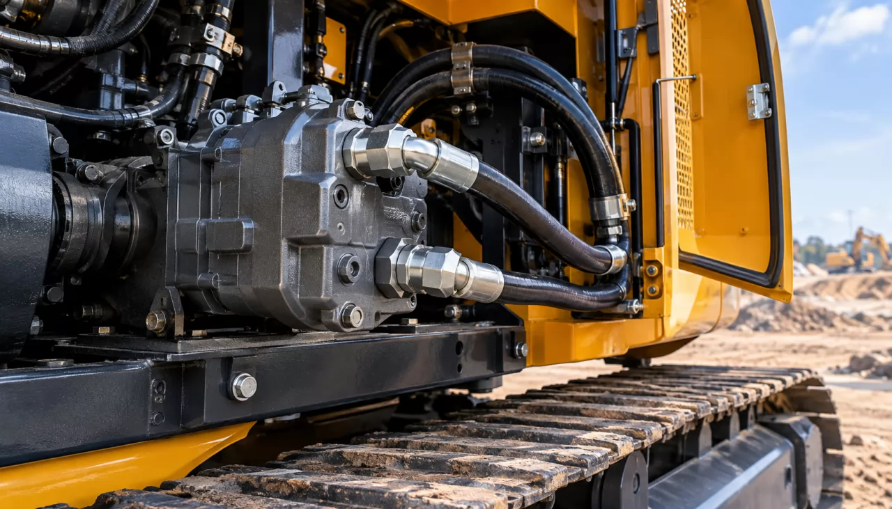 Gear pump mounted on an excavator engine with hydraulic hoses attached