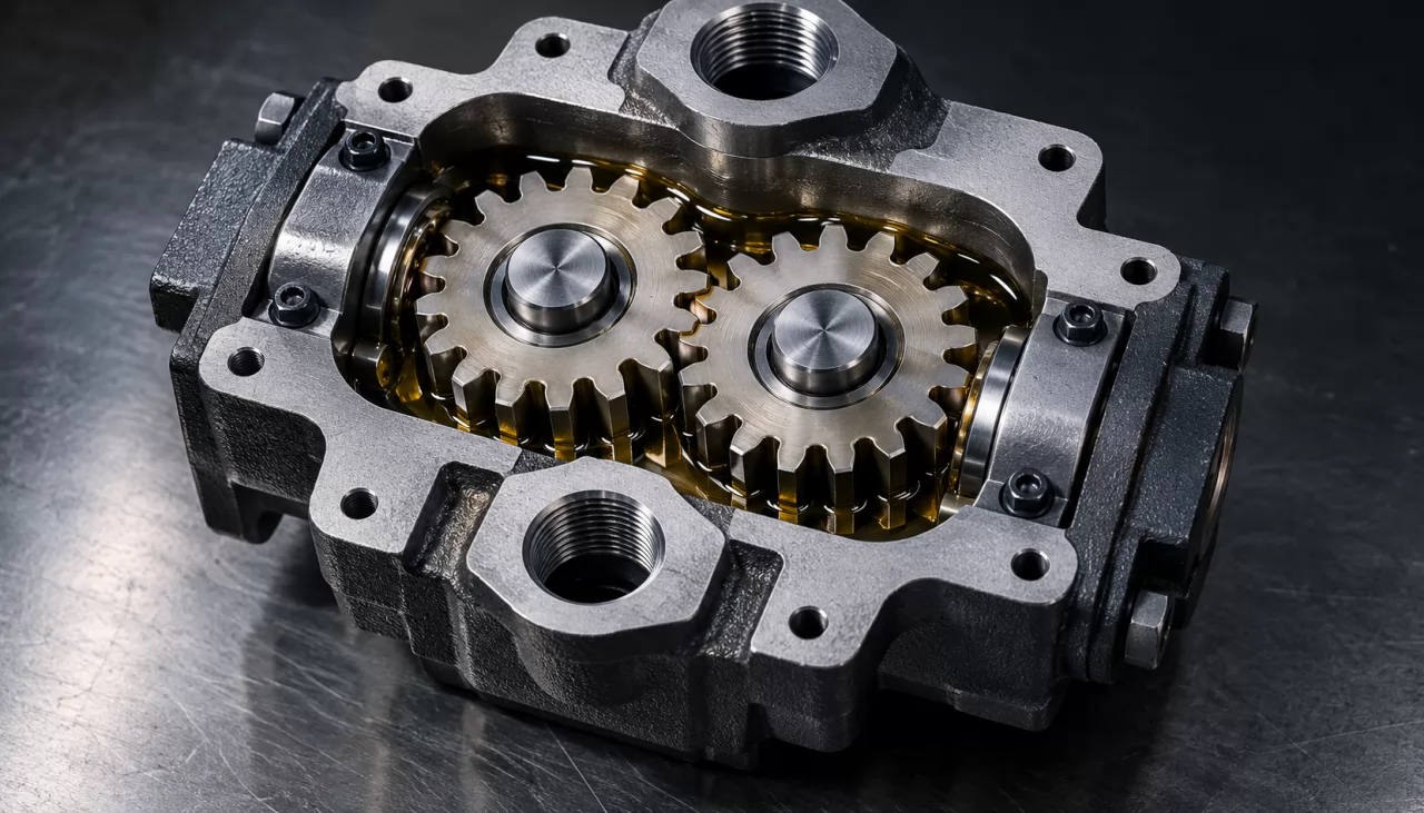 Opened external gear pump with two meshing spur gears and oil on the teeth