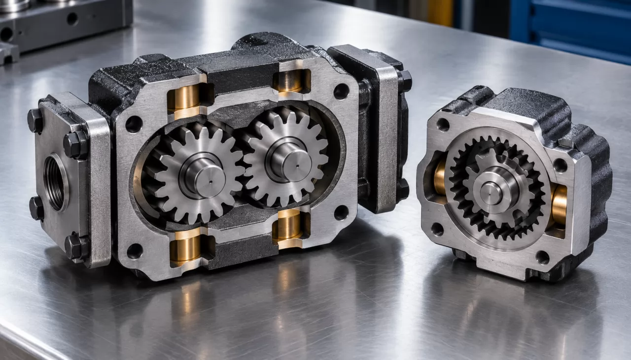 product-1280-731 Sectioned external and internal gear pumps side by side, showing their meshing gears