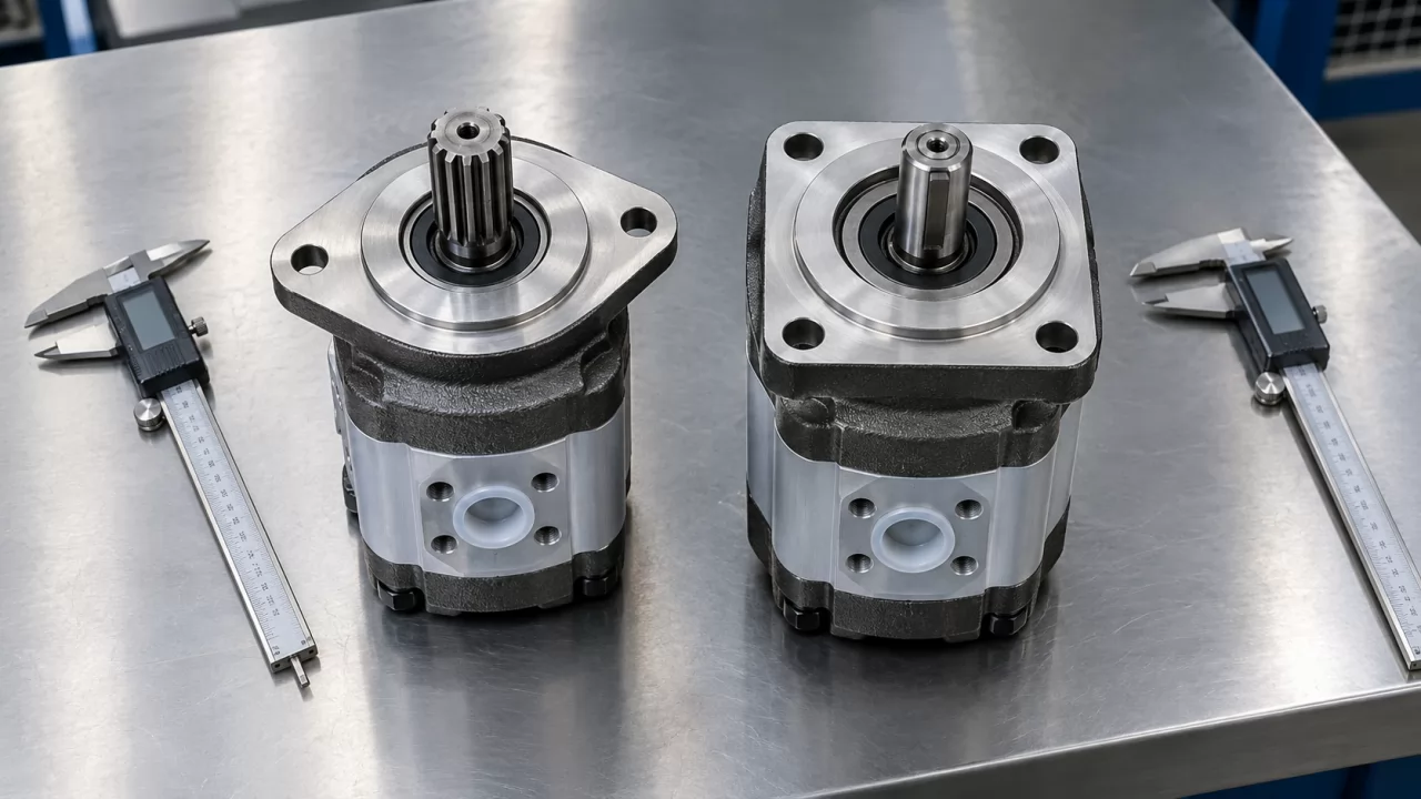 product-1280-720 Two gear pumps with different flanges and shafts laid out for comparison on a table