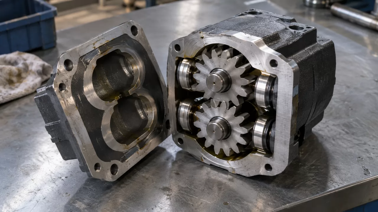 product-1280-720 Opened gear pump showing two meshing gears inside the machined housing