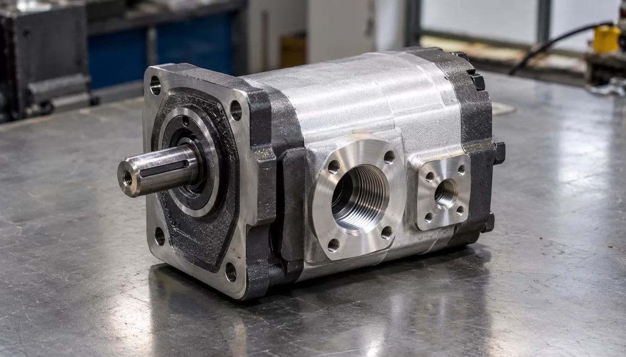 product-1280-731 Gear pump side view showing the larger suction port and smaller pressure port