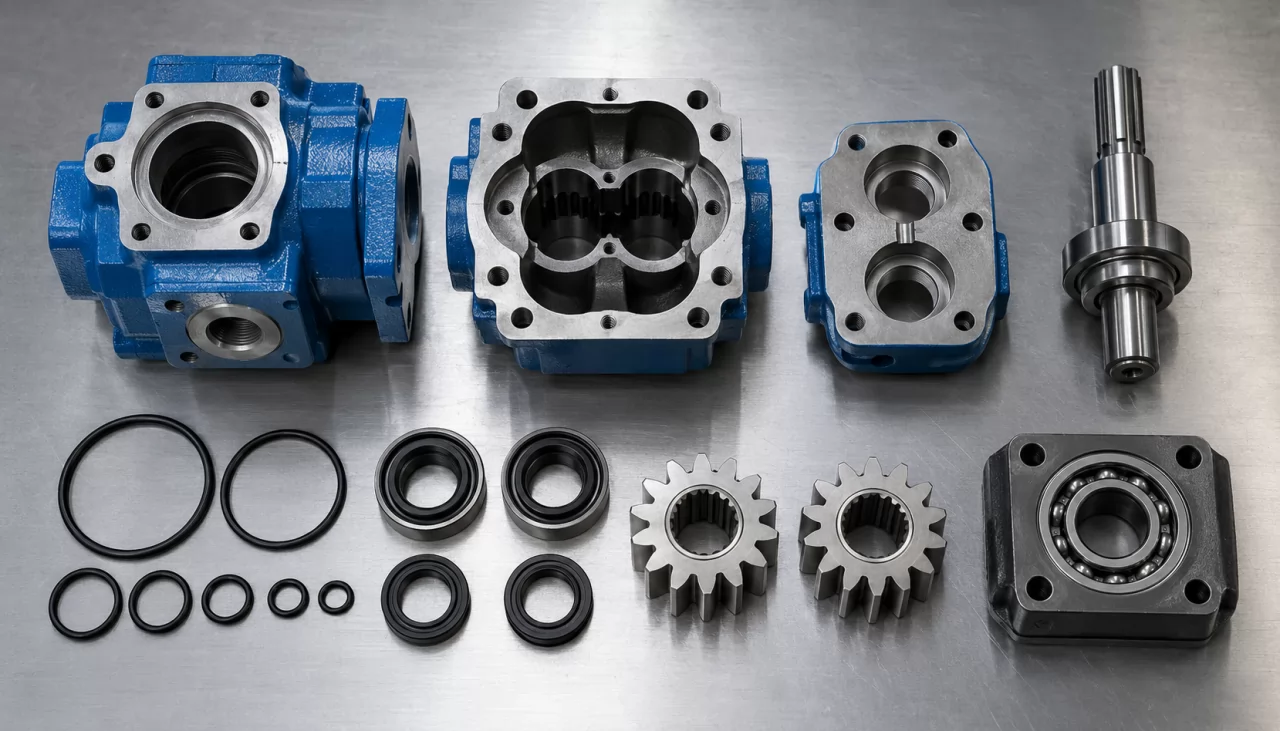 Gear pump seal kit, spare gears and housing parts laid out on a workbench