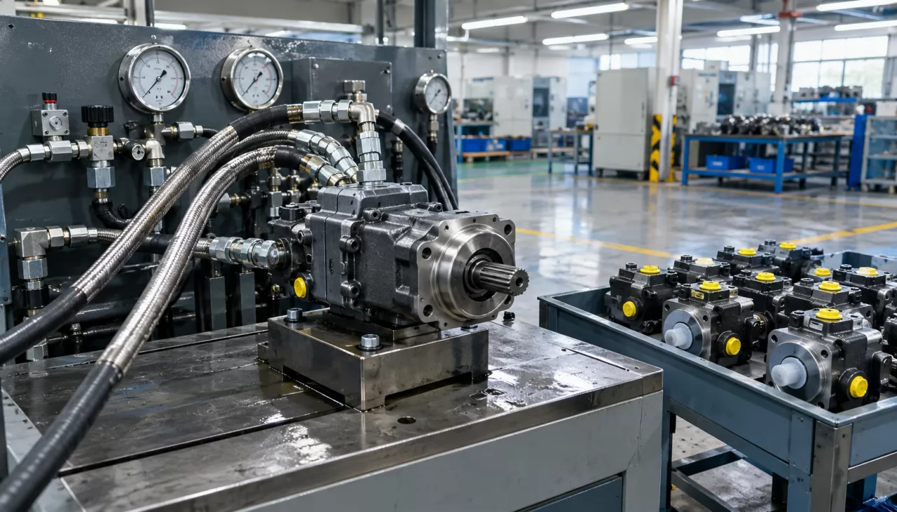 product-1280-731 Gear pump connected by hoses on a hydraulic test bench before shipment