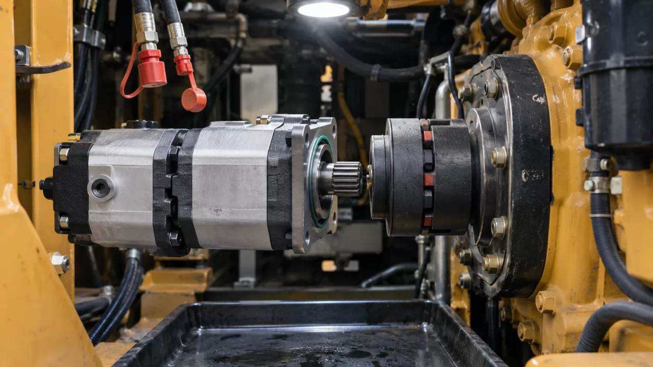 product-1280-720 New tandem gear pump lined up with the drive coupling on a backhoe