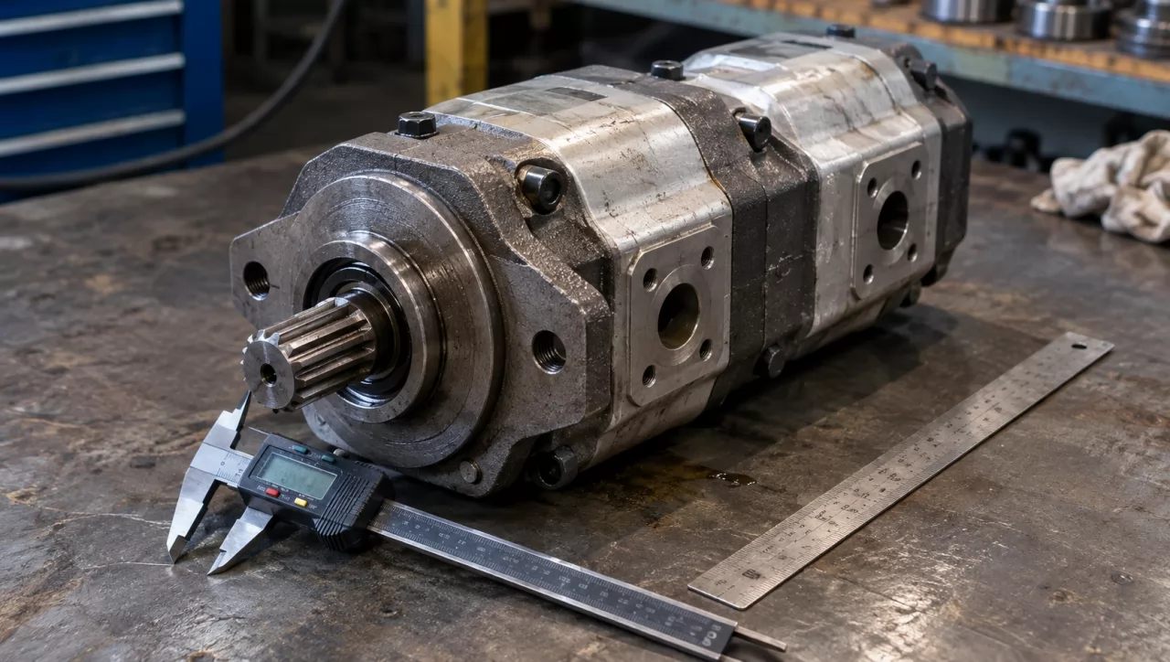 product-1280-724 Caliper measuring the shaft and pilot of a worn tandem gear pump