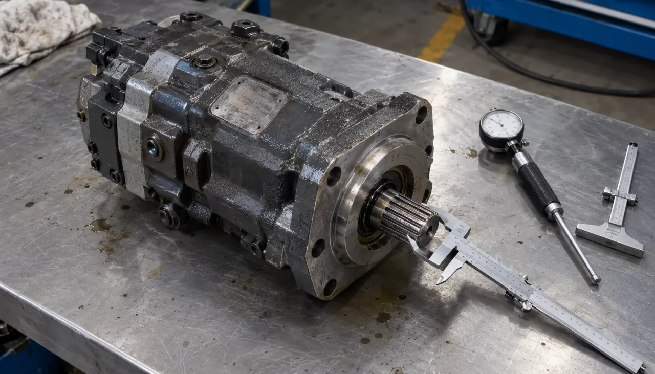 Worn piston pump with caliper and gauges placed on the shaft and mounting flange