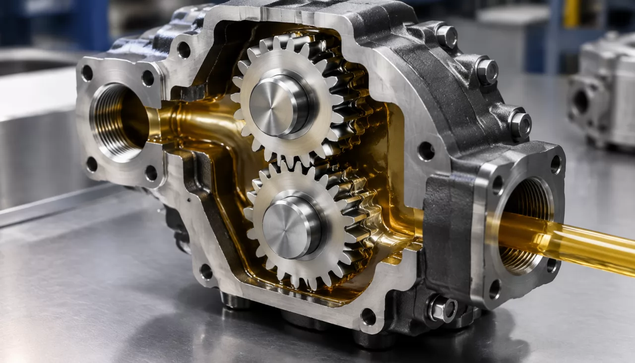 Cutaway gear pump housing with two meshing gears and oil between the teeth