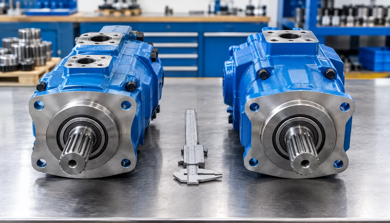Two axial piston motors side by side with shafts and ports compared using a caliper