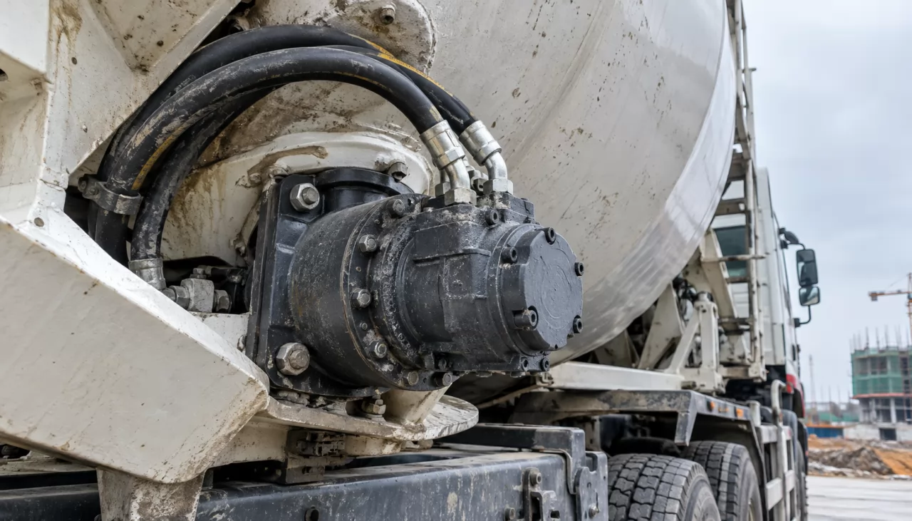 product-1280-731 Orbital hydraulic motor mounted on the drive end of a concrete mixer drum