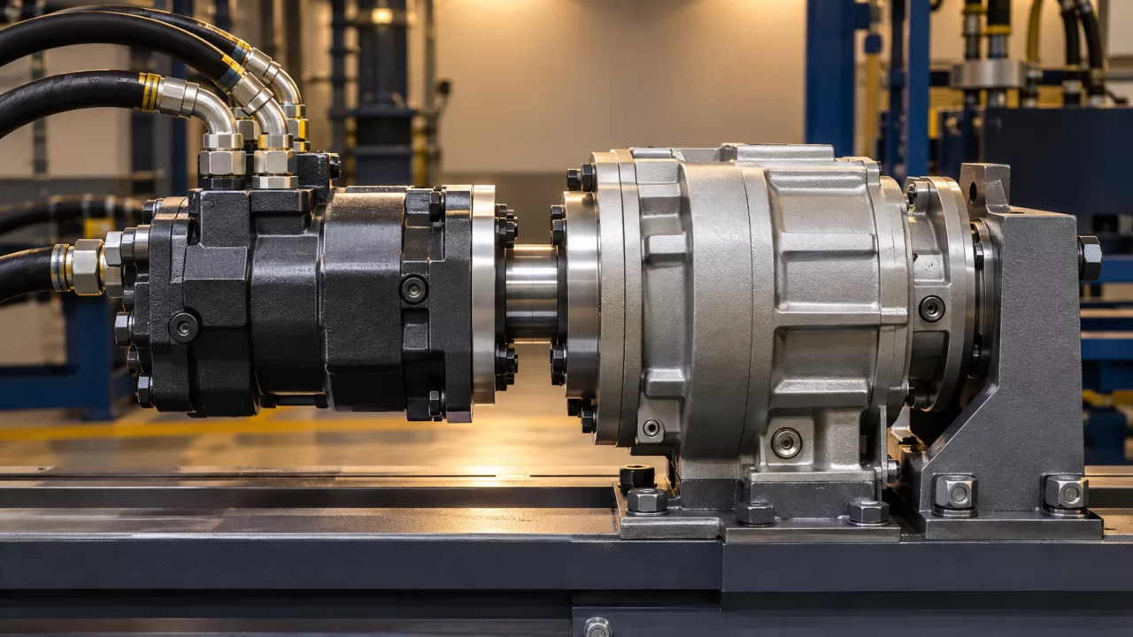Compact hydraulic piston motor coupled to a planetary reduction gearbox on a test stand