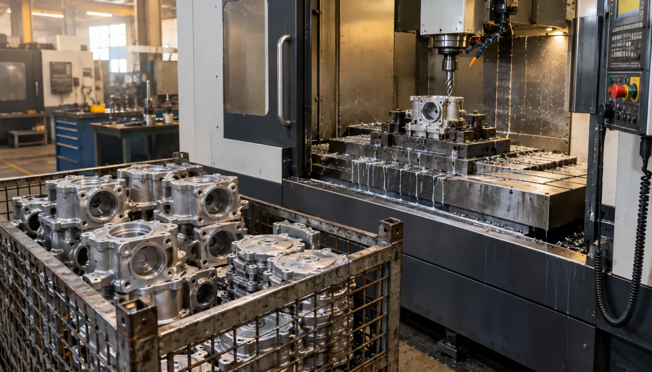 product-1280-731 Raw pump housing castings beside a CNC machine with a housing clamped in a fixture