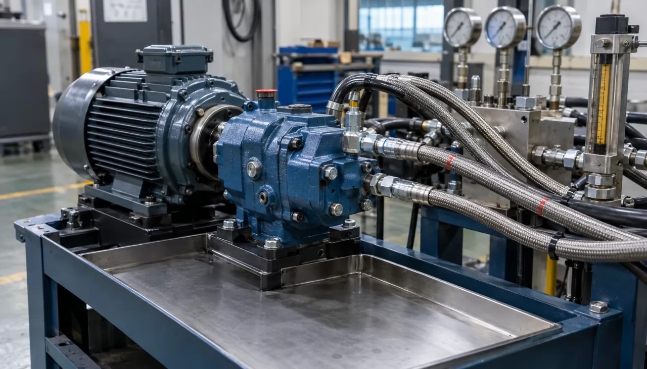 Hydraulic pump mounted on a test bench with hoses, manifold and pressure gauges