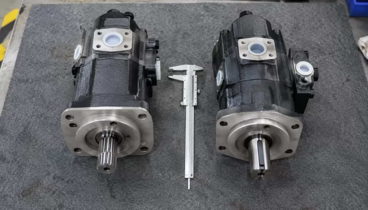 product-1280-731 Two similar hydraulic pumps compared by shaft, flange and port layout