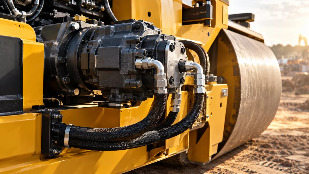 Gear pump with hydraulic hoses mounted on the engine of a road roller