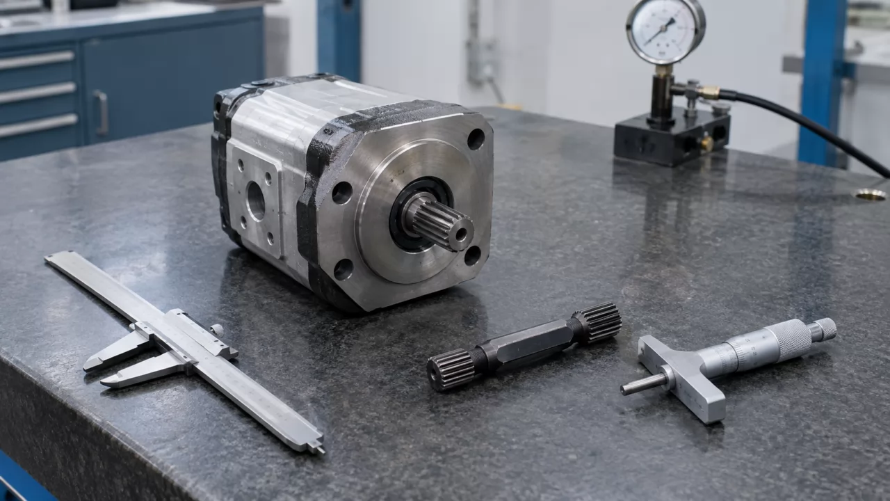 product-1280-720 Sample gear pump on a surface plate with caliper and spline gauge for dimensional checks