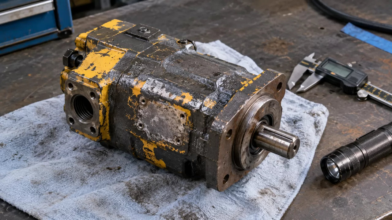 product-1280-720 Used gear pump with a corroded, missing nameplate next to a caliper on a workbench
